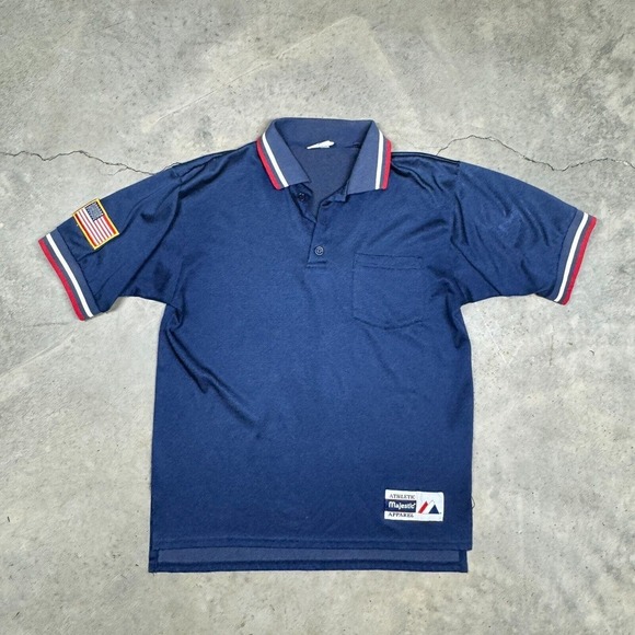 Majestic Other - Vintage Majestic Polo Shirt Blank USA Flag Patch Mens Medium Blue Collared